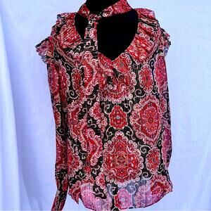 Kate Spade Medallion Metallic Silk Blouse Top Size Small S Sheer Ruffle Sleeve